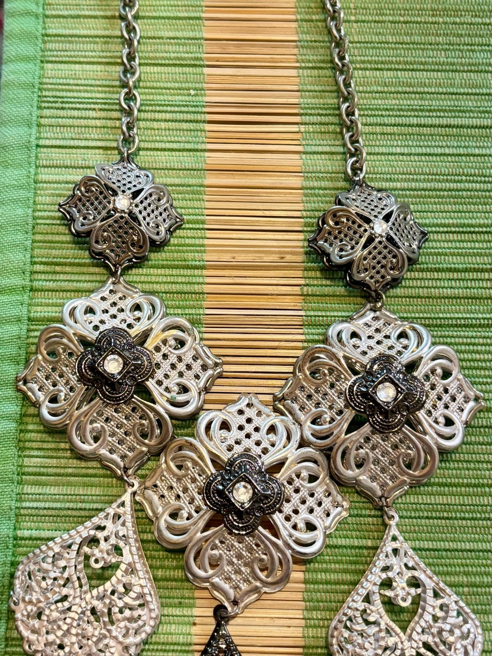 Silver-Tone Filigree Statement Necklace and earrings- Elegant Floral Design